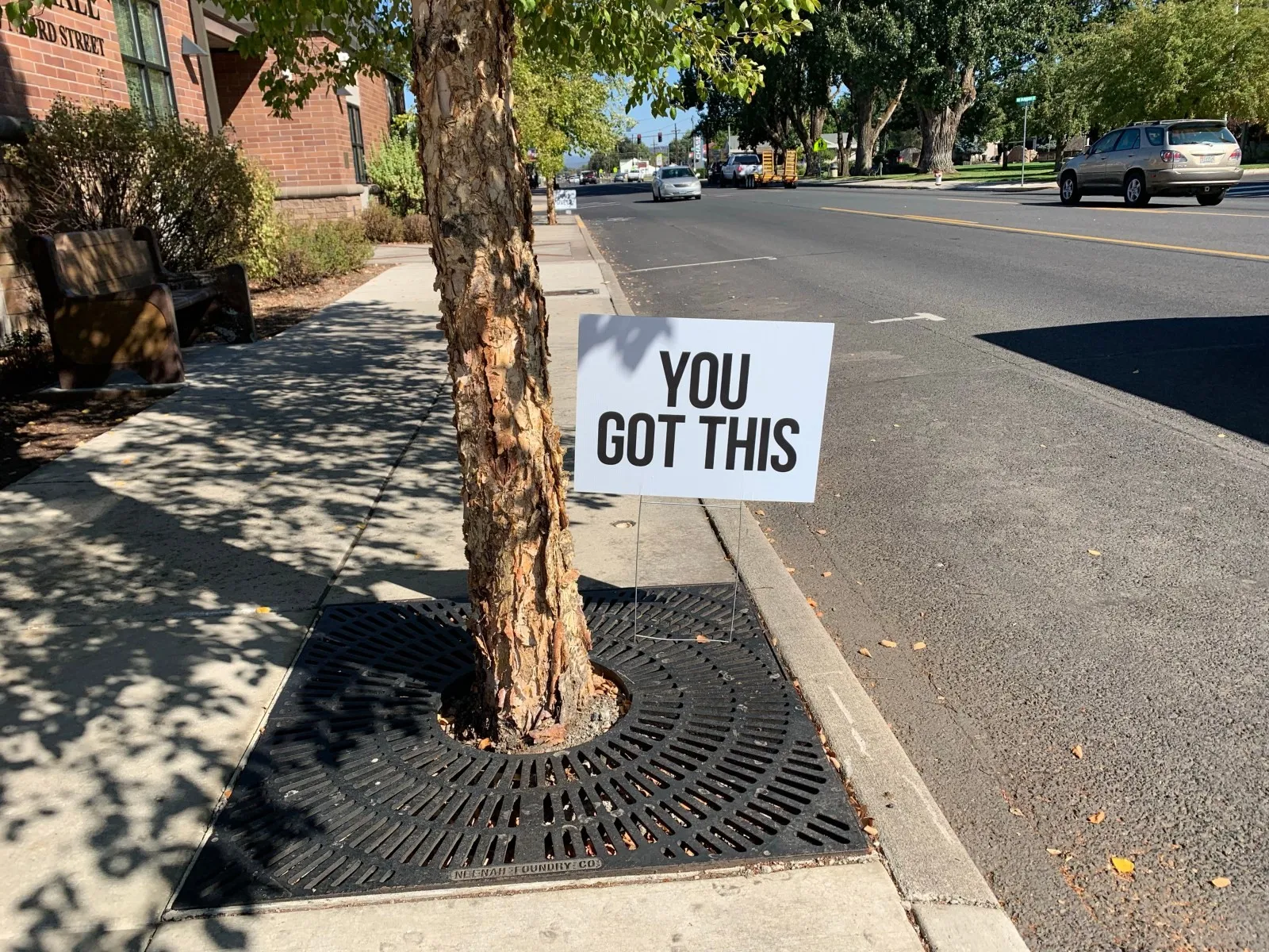 A “You got this” sign hung on a tree beside the sidewalk