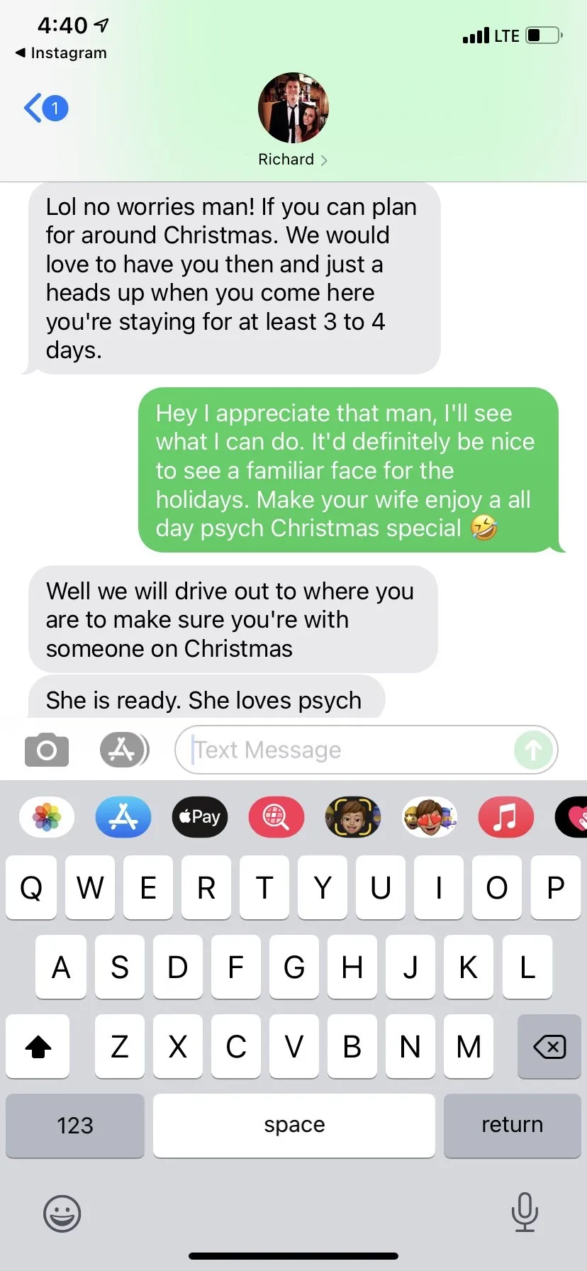 Screenshot of an Instagram message inviting Chris for Christmas